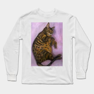 Funny sleeping bengal cat oil painting Long Sleeve T-Shirt
